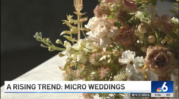 NBC 6 Miami segment on micro weddings — soft cream and dusty-rose floral arrangement in natural light